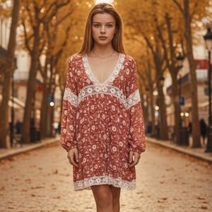 Floral Cotton Knit Lace Trim Boho Dress Rust Color
